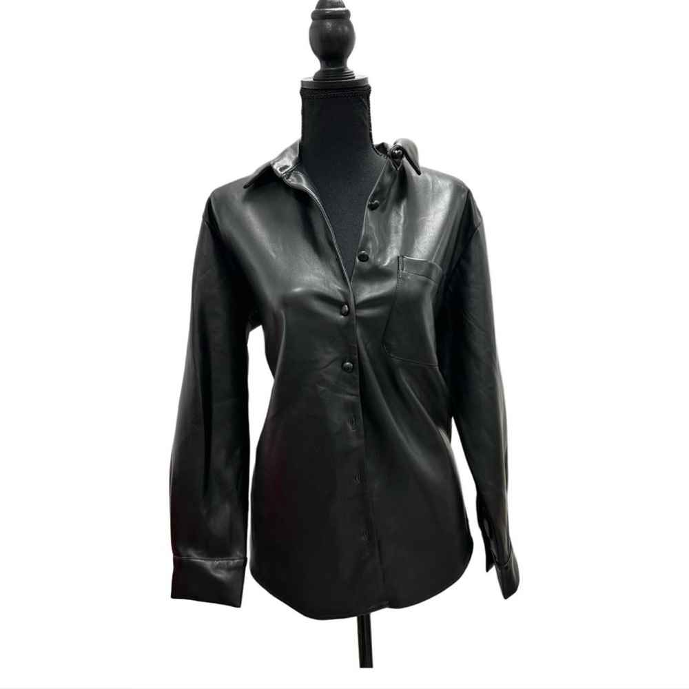 Black faux leather button-up button up shirt / blouse with soft wool lining